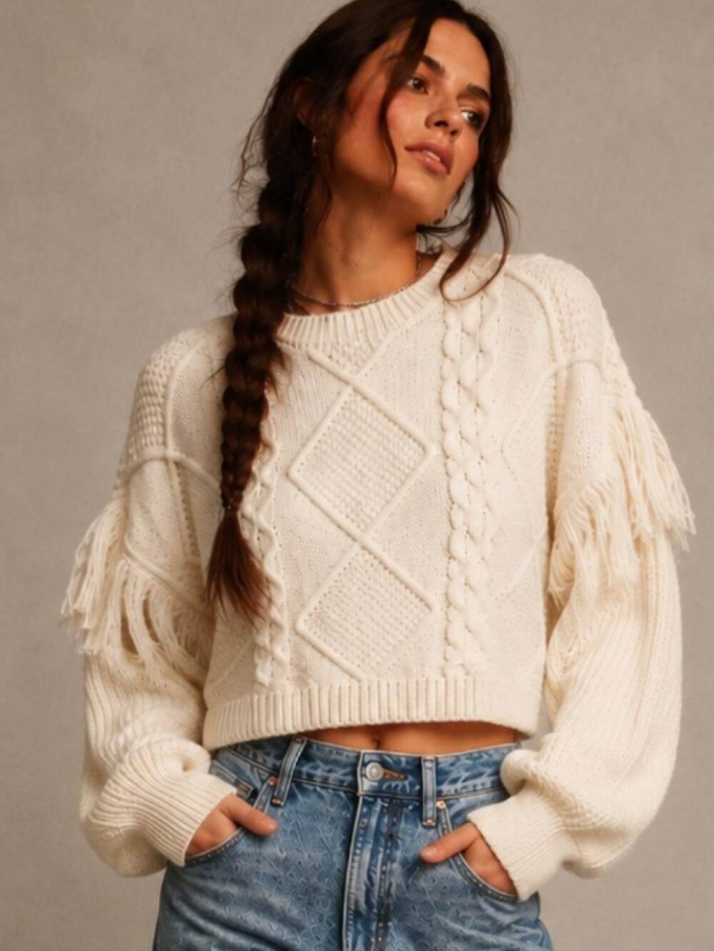 Francesca's Fringe Cropped Cable Knit Sweater Western Boho Small NWT